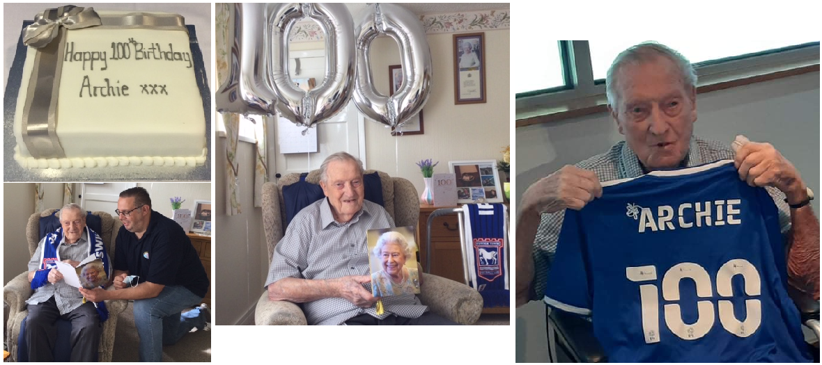 Archie's holding his 100th birthday gifts from Allwell Care
